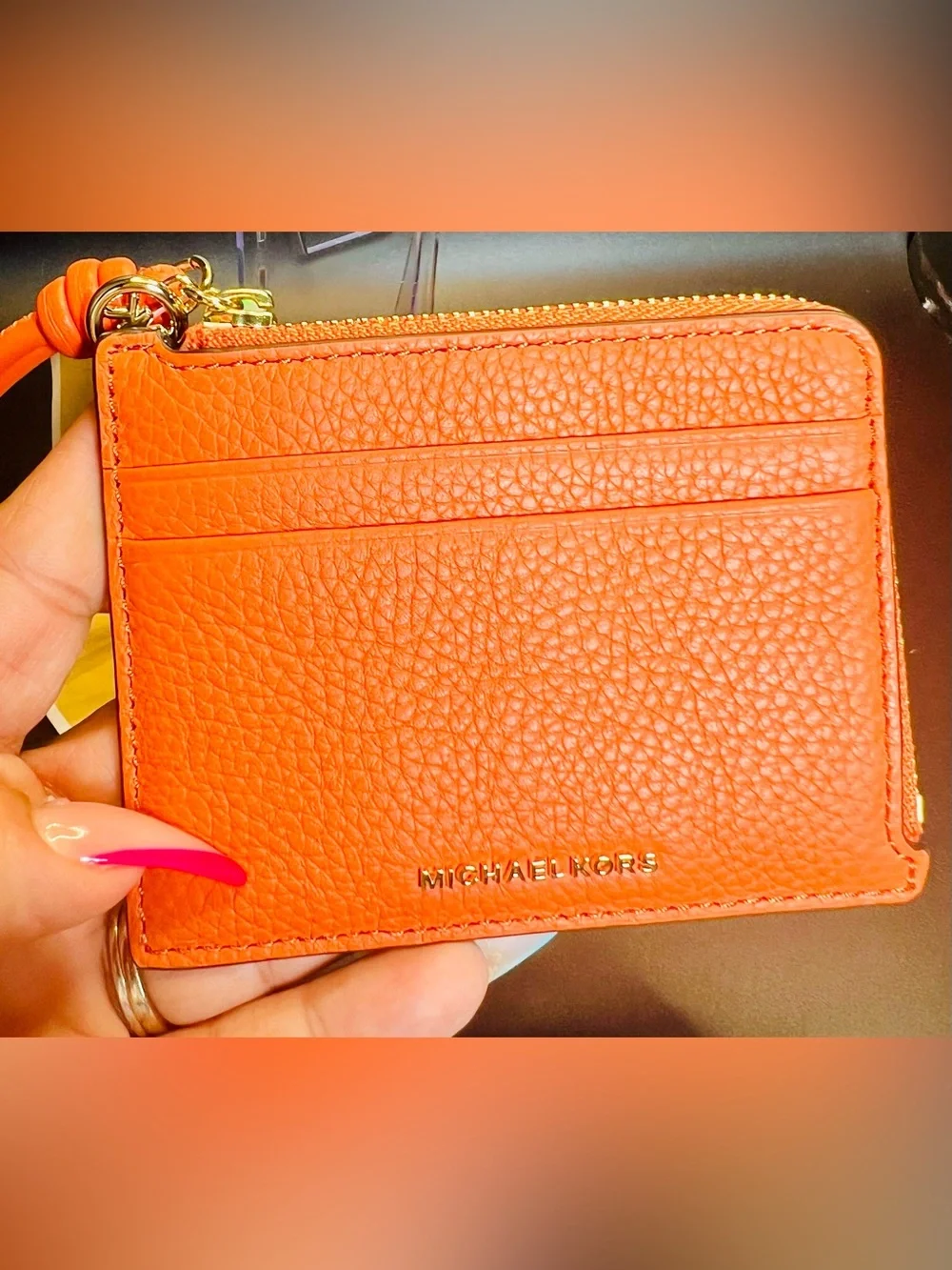 NWT Michael Kors Jet Set Leather Card Case Wristlet - Mimosa Orange/Gold